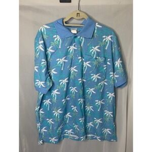 Mens XL Blue Tropical Palm Tree Hawaiian Polo Short‎ Sleeve Haband